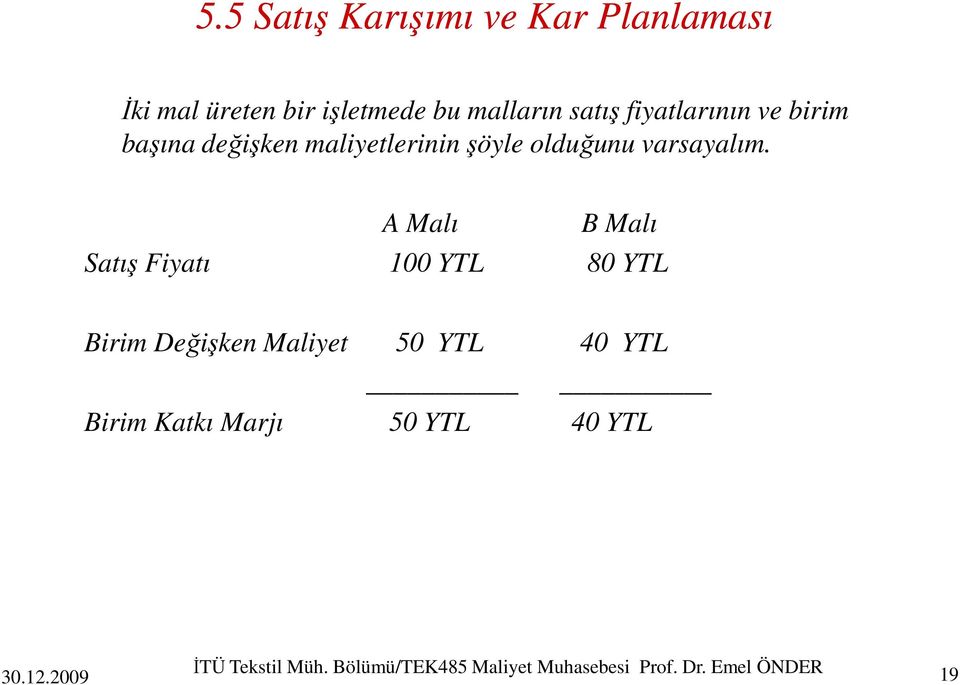 Satış Fiyatı A Malı B Malı 100 YTL 80 YTL Birim Değişken Maliyet 50 YTL 40 YTL Birim