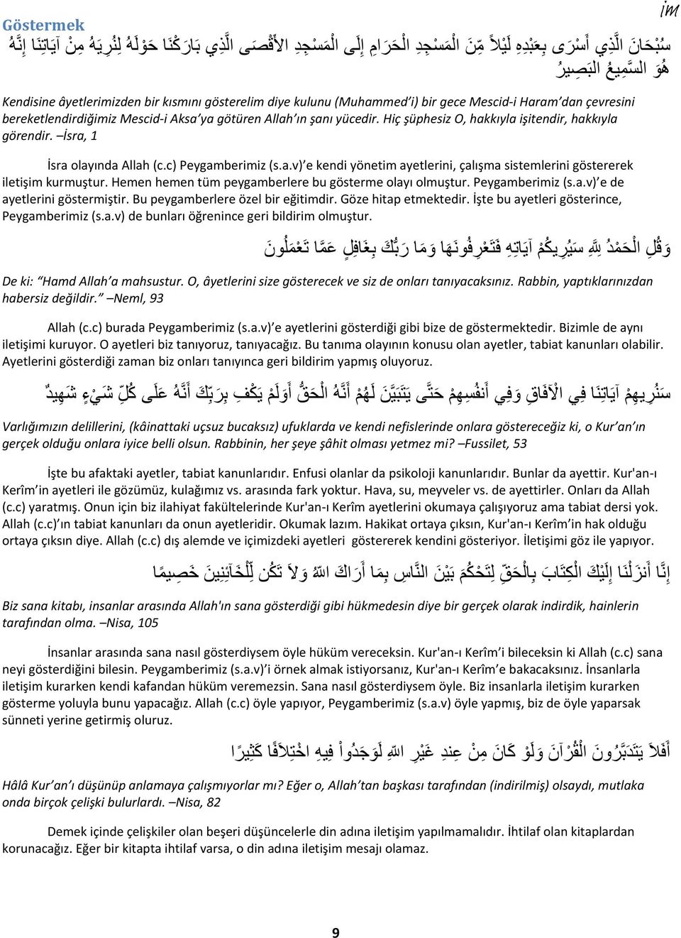 İsra, 1 İsra olayında Allah (c.c) Peygamberiz (s.a.v) e kendi yönet ayetlerini, çalışma sistemlerini göstererek iletiş kurmuştur. Hemen hemen tüm peygamberlere bu gösterme olayı olmuştur.