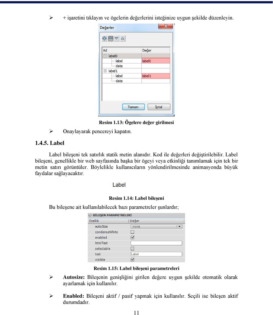 Label bileşeni, genellikle bir web sayfasında başka bir ögeyi veya etkinliği tanımlamak için tek bir metin satırı görüntüler.