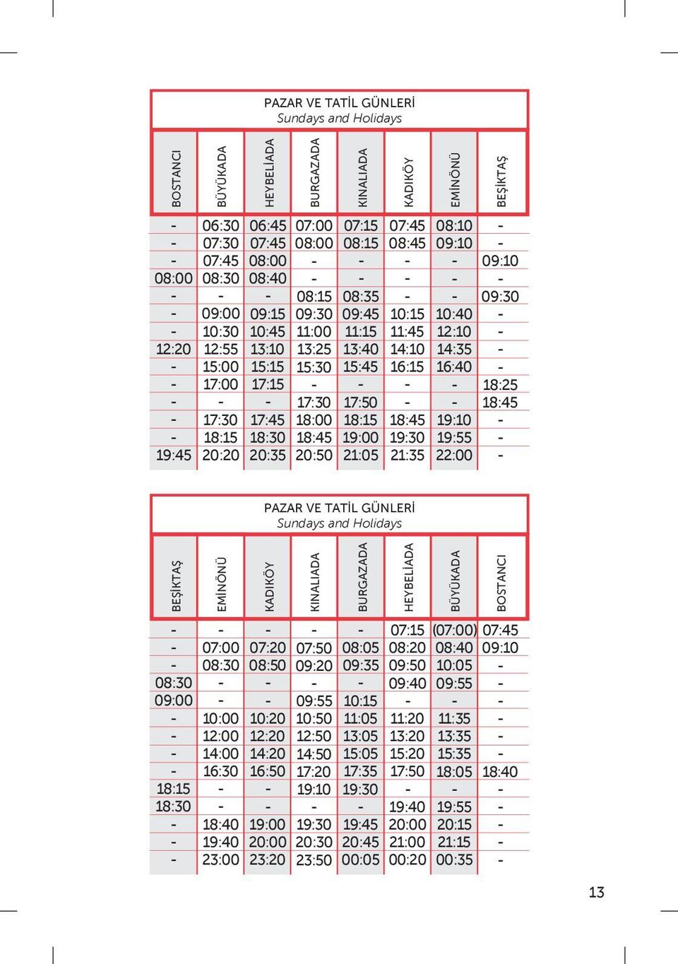 GÜNLERİ Sundays and Holidays BEŞİKTAŞ EMİNÖNÜ KADIKÖY KINALIADA BURGAZADA HEYBELİADA BÜYÜKADA BOSTANCI 10:00 14:00 19:40 23:00 07:20 10:20 14:20 23:20 08:05 09:35
