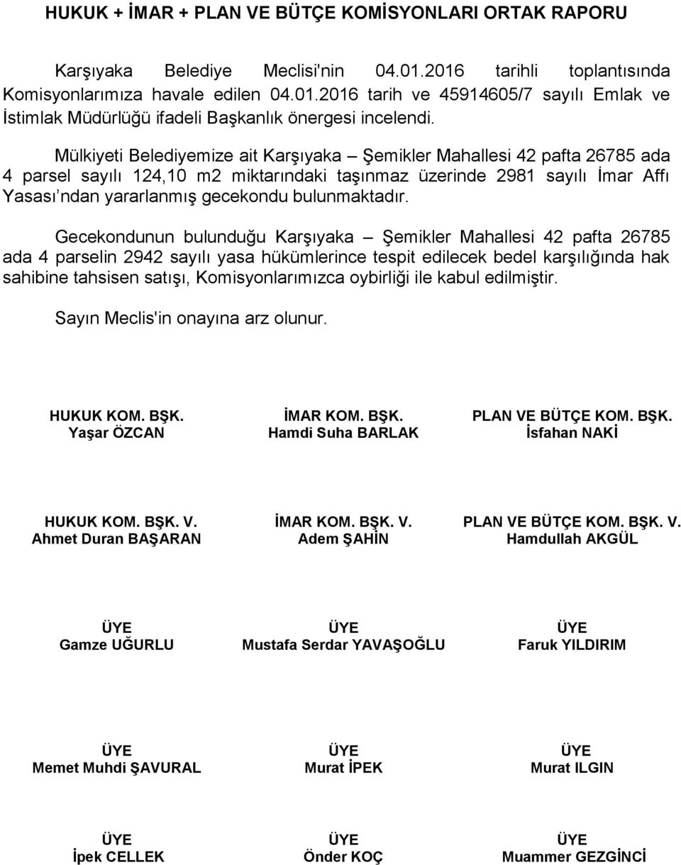 Mülkiyeti Belediyemize ait Karşıyaka Şemikler Mahallesi 42 pafta 26785 ada 4 parsel sayılı 124,10 m2 miktarındaki taşınmaz üzerinde 2981 sayılı İmar Affı