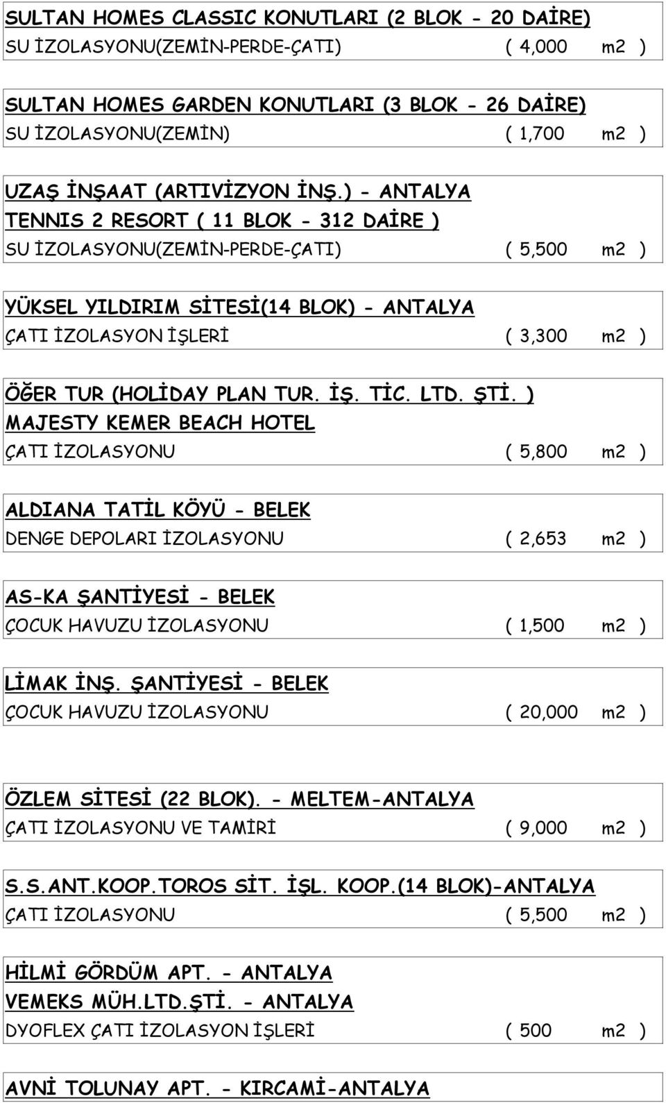 ) - ANTALYA TENNIS 2 RESORT ( 11 BLOK - 312 DAİRE ) SU İZOLASYONU(ZEMİN-PERDE-ÇATI) ( 5,500 m2 ) YÜKSEL YILDIRIM SİTESİ(14 BLOK) - ANTALYA ÇATI İZOLASYON İŞLERİ ( 3,300 m2 ) ÖĞER TUR (HOLİDAY PLAN