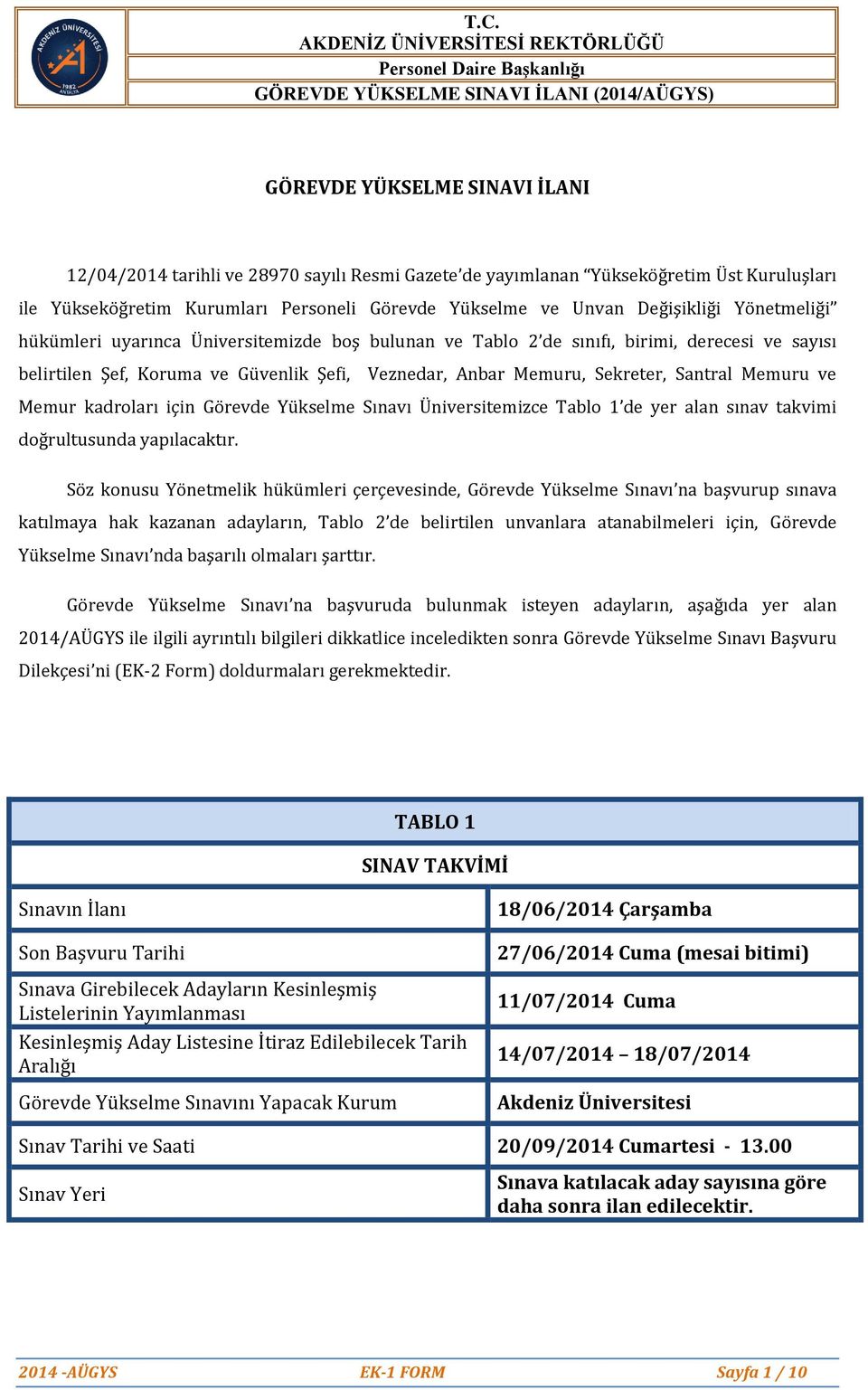 ve Memur kadroları için Görevde Yükselme Sınavı Üniversitemizce Tablo 1 de yer alan sınav takvimi doğrultusunda yapılacaktır.