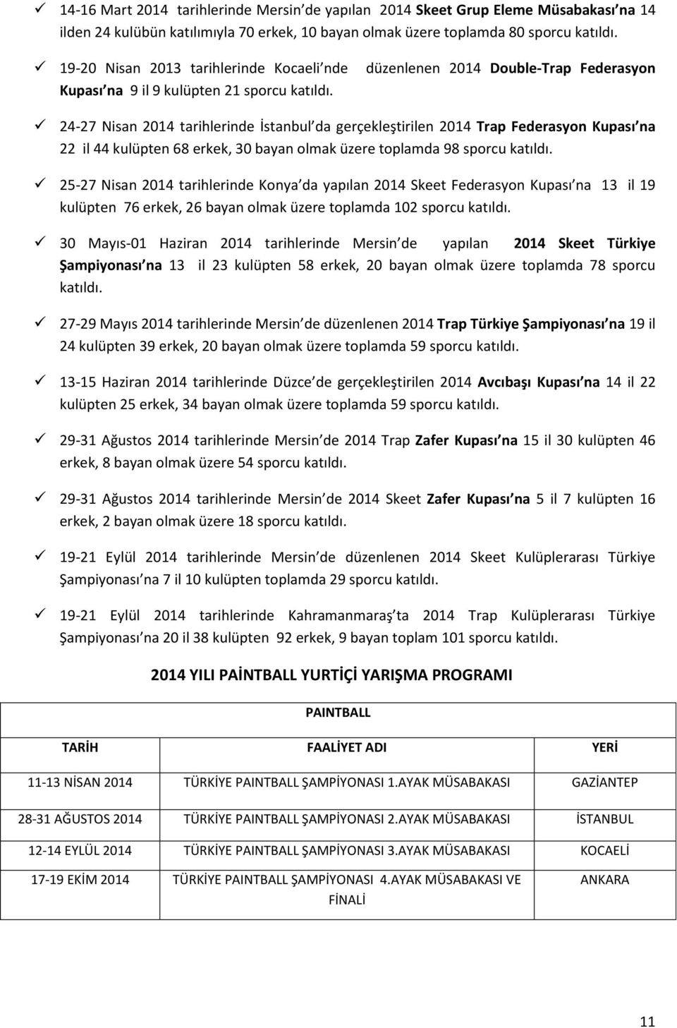 düzenlenen 2014 Double-Trap Federasyon 24-27 Nisan 2014 tarihlerinde İstanbul da gerçekleştirilen 2014 Trap Federasyon Kupası na 22 il 44 kulüpten 68 erkek, 30 bayan olmak üzere toplamda 98 sporcu