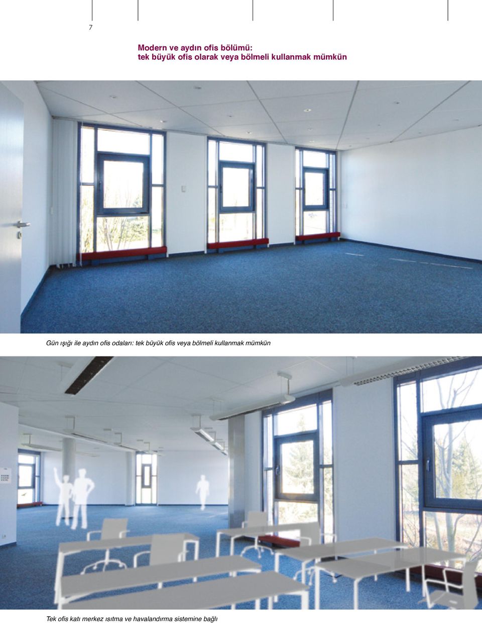odaları: tek büyük ofis veya bölmeli kullanmak mümkün