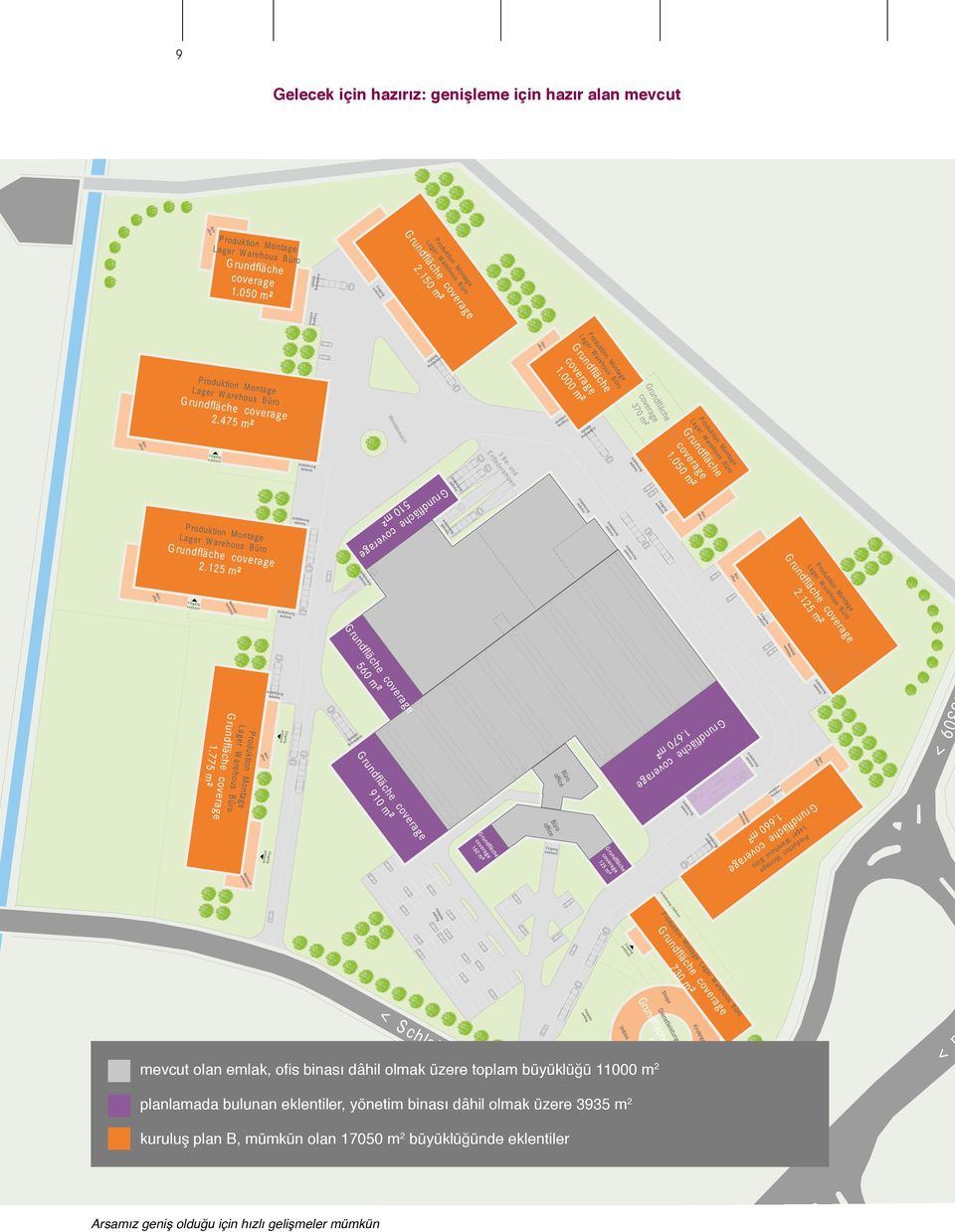üzere toplam büyüklüğü 11000 m2 planlamada bulunan eklentiler, yönetim binası dâhil olmak üzere 3935 m2