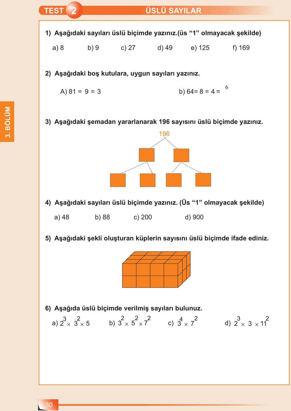 A) 81 = 9 = 3 b) 64= 8 = 4 = 3) Aşağıdaki şemadan yararlanarak 196 sayısını üslü biçimde yazınız.