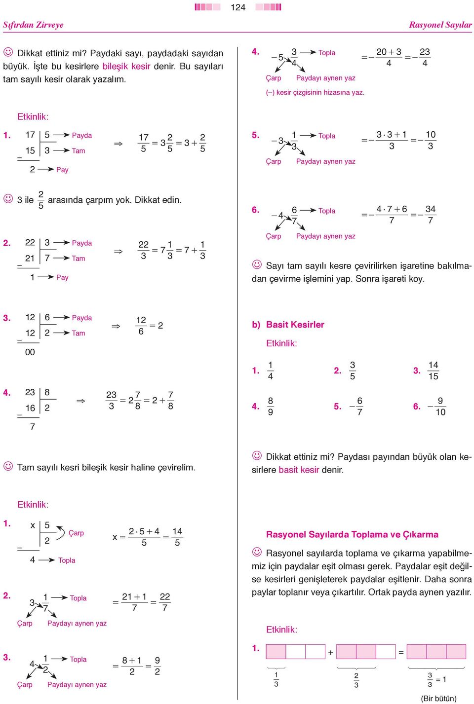 Payda 7 Tam Pay 7 7 Çarp Paydayı aynen yaz J Sayı tam sayılı kesre çevirilirken işaretine bakılmadan çevirme işlemini yap. Sonra işareti koy.. 00 6 Payda Tam 6 b) Basit Kesirler.... 6 7 8 7 7 8 8.