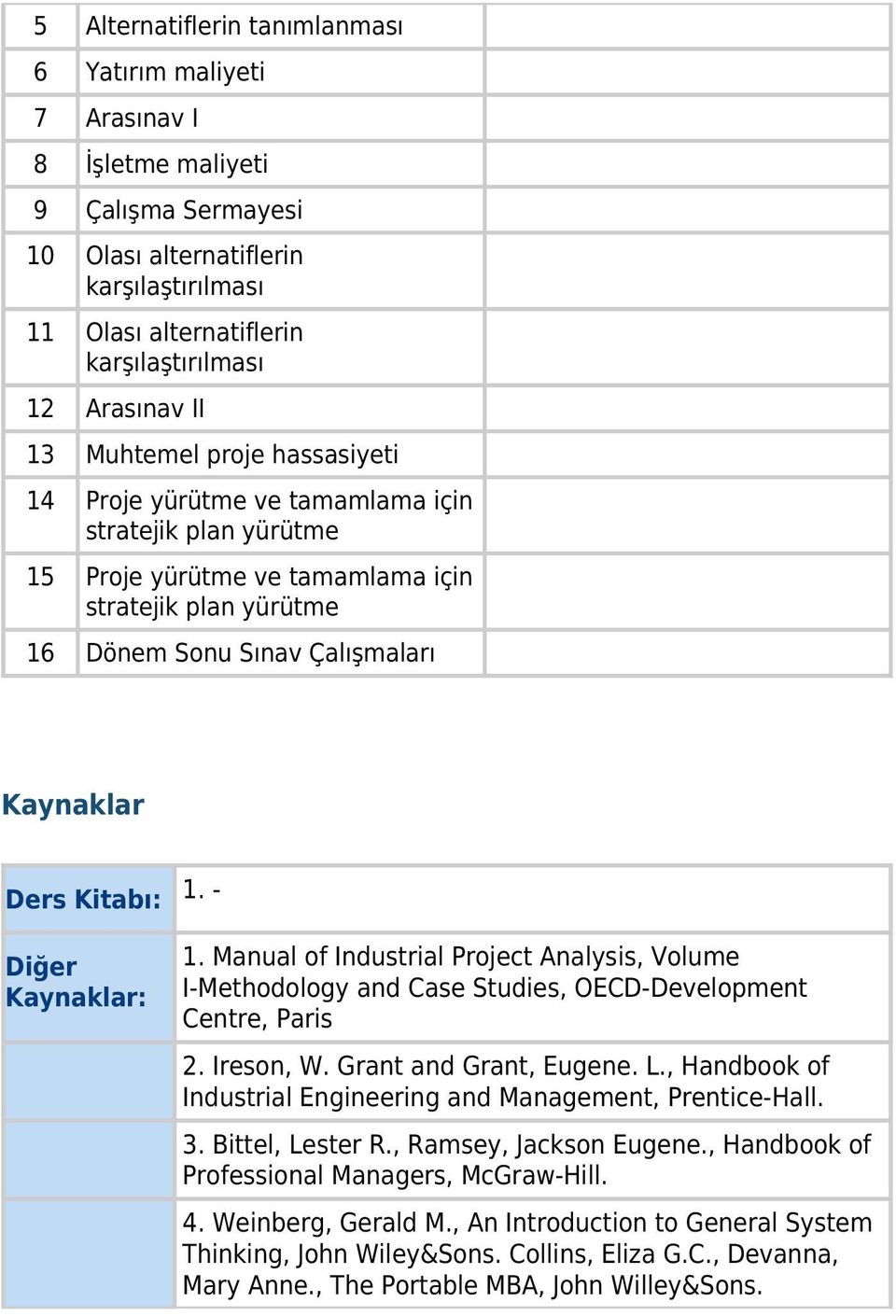 Kitabı: 1. - Diğer Kaynaklar: 1. Manual of Industrial Project Analysis, Volume I-Methodology and Case Studies, OECD-Development Centre, Paris 2. Ireson, W. Grant and Grant, Eugene. L.