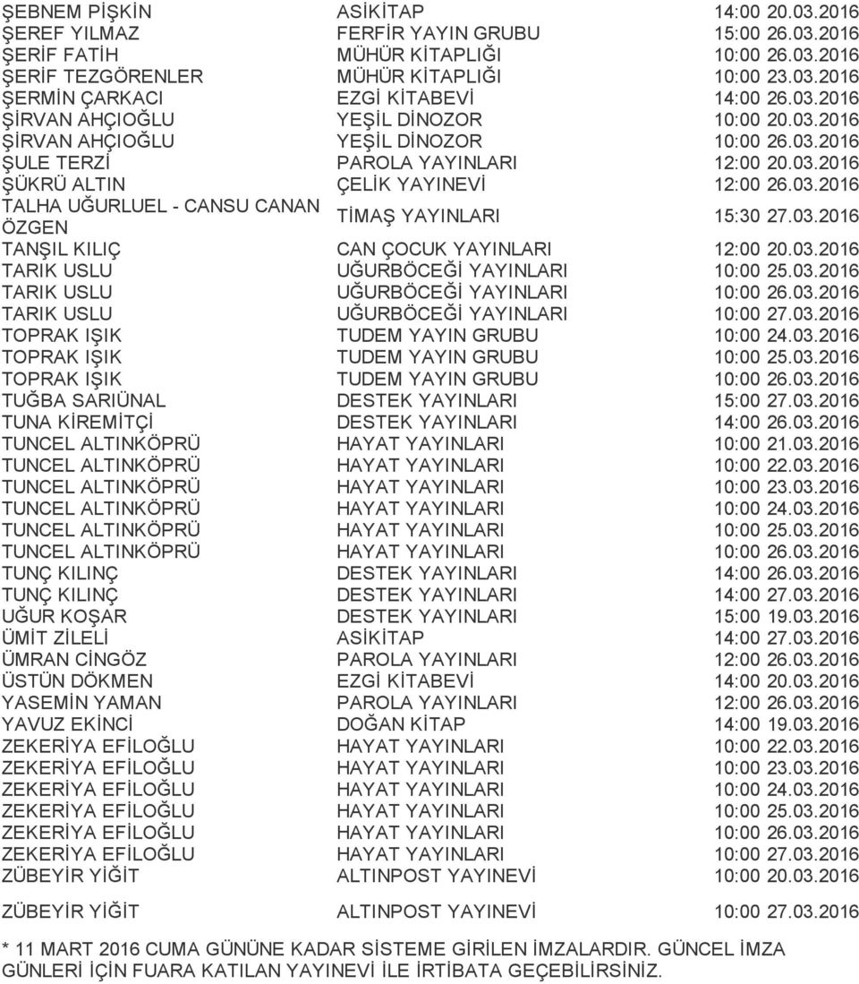 03.2016 TANŞIL KILIÇ CAN ÇOCUK YAYINLARI 12:00 20.03.2016 TARIK USLU UĞURBÖCEĞİ YAYINLARI 10:00 25.03.2016 TARIK USLU UĞURBÖCEĞİ YAYINLARI 10:00 26.03.2016 TARIK USLU UĞURBÖCEĞİ YAYINLARI 10:00 27.03.2016 TOPRAK IŞIK TUDEM YAYIN GRUBU 10:00 24.