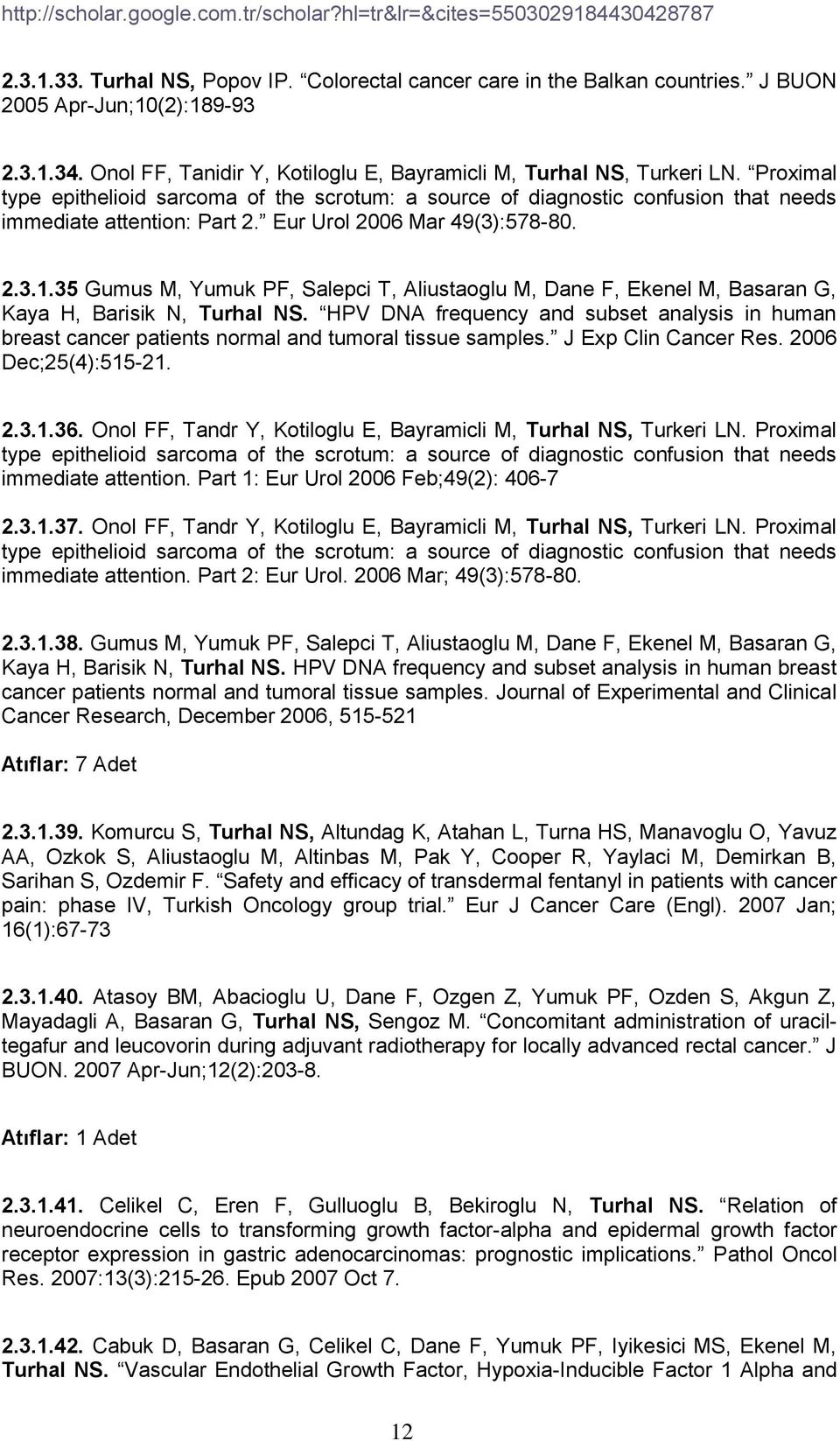 Eur Urol 2006 Mar 49(3):578-80. 2.3.1.35 Gumus M, Yumuk PF, Salepci T, Aliustaoglu M, Dane F, Ekenel M, Basaran G, Kaya H, Barisik N, Turhal NS.