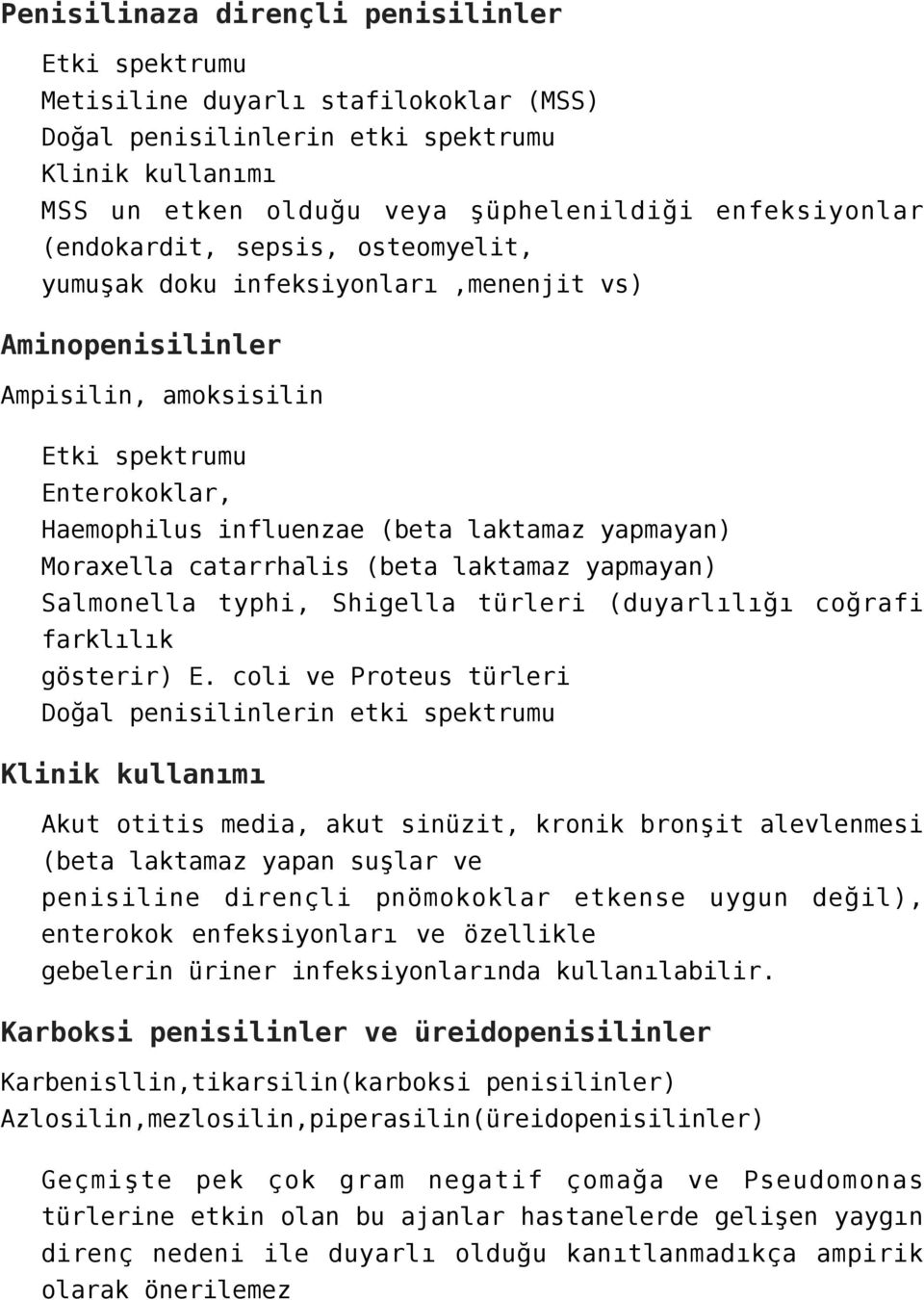 Salmonella typhi, Shigella türleri (duyarlılığı coğrafi farklılık gösterir) E.