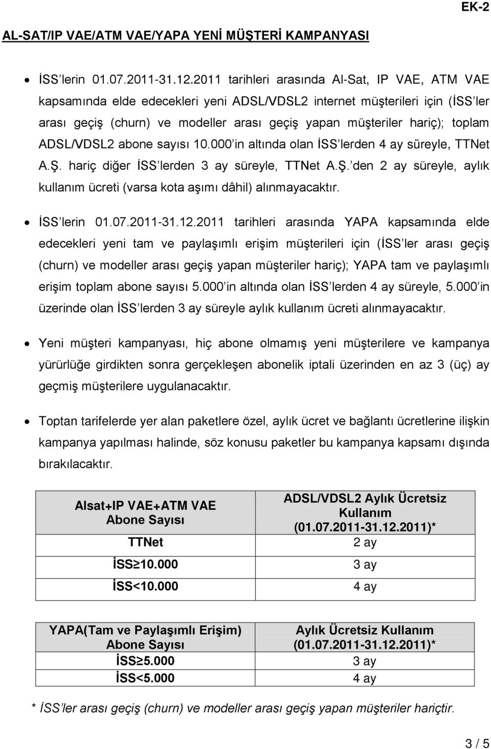 toplam ADSL/VDSL2 abone sayısı 10.000 in altında olan İSS lerden 4 ay süreyle, TTNet A.Ş. hariç diğer İSS lerden 3 ay süreyle, TTNet A.Ş. den 2 ay süreyle, aylık kullanım ücreti (varsa kota aşımı dâhil) alınmayacaktır.