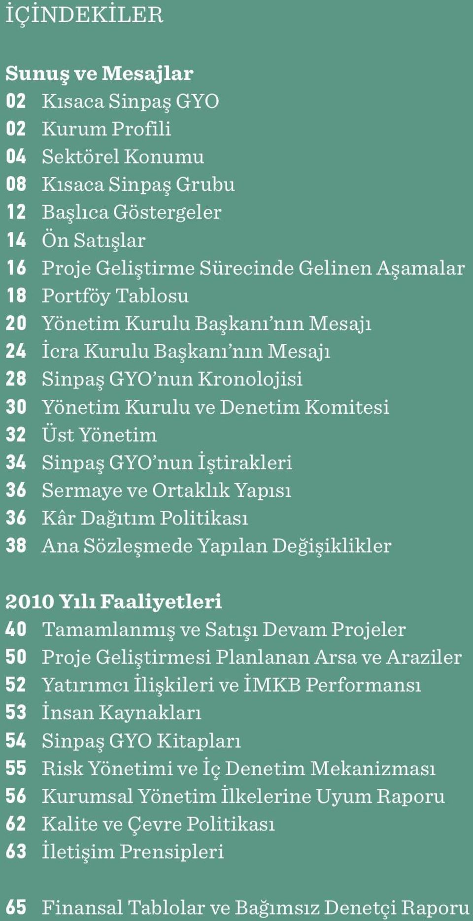 36 Sermaye ve Ortaklık Yapısı 36 Kâr Dağıtım Politikası 38 Ana Sözleşmede Yapılan Değişiklikler Yılı Faaliyetleri 40 Tamamlanmış ve Satışı Devam Projeler 50 Proje Geliştirmesi Planlanan Arsa ve