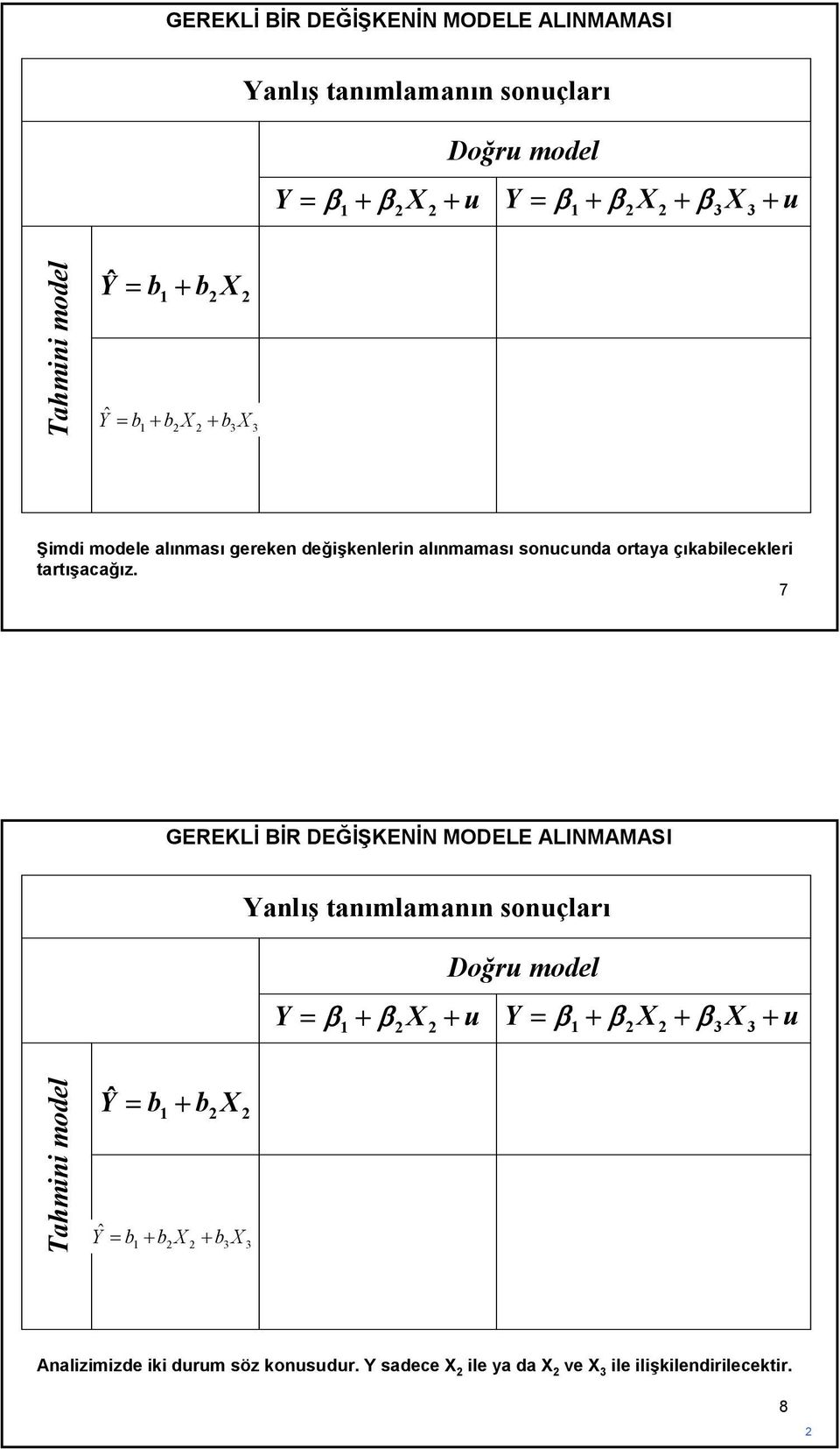 tartışacağız. 7  model Y ˆ = b + b X 1 Yˆ = b + b X + b X 1 3 3 Analizimizde iki durum söz konusudur.