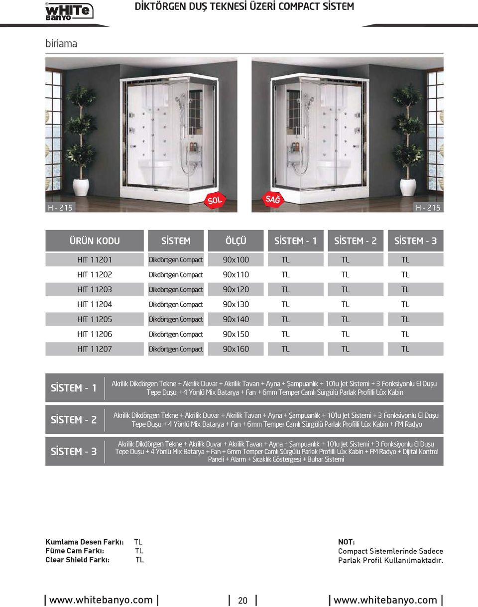 SİSTEM - 3 Akrilik Dikdörgen Tekne + Akrilik Duvar + Akrilik Tavan + Ayna + Şampuanlık + 10 lu Jet Sistemi + 3 Fonksiyonlu El Duşu Tepe Duşu + 4 Yönlü Mix Batarya + Fan + 6mm Temper lı Sürgülü Parlak