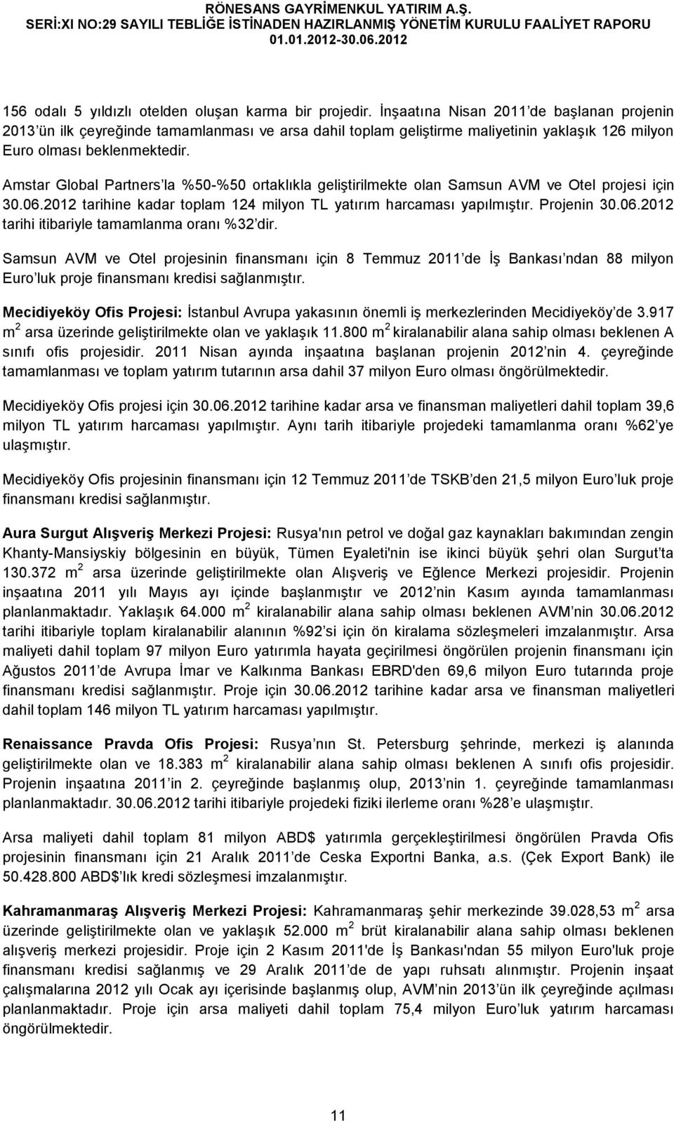 Amstar Global Partners la %50-%50 ortaklıkla geliştirilmekte olan Samsun AVM ve Otel projesi için 30.06.2012 tarihine kadar toplam 124 milyon TL yatırım harcaması yapılmıştır. Projenin 30.06.2012 tarihi itibariyle tamamlanma oranı %32 dir.