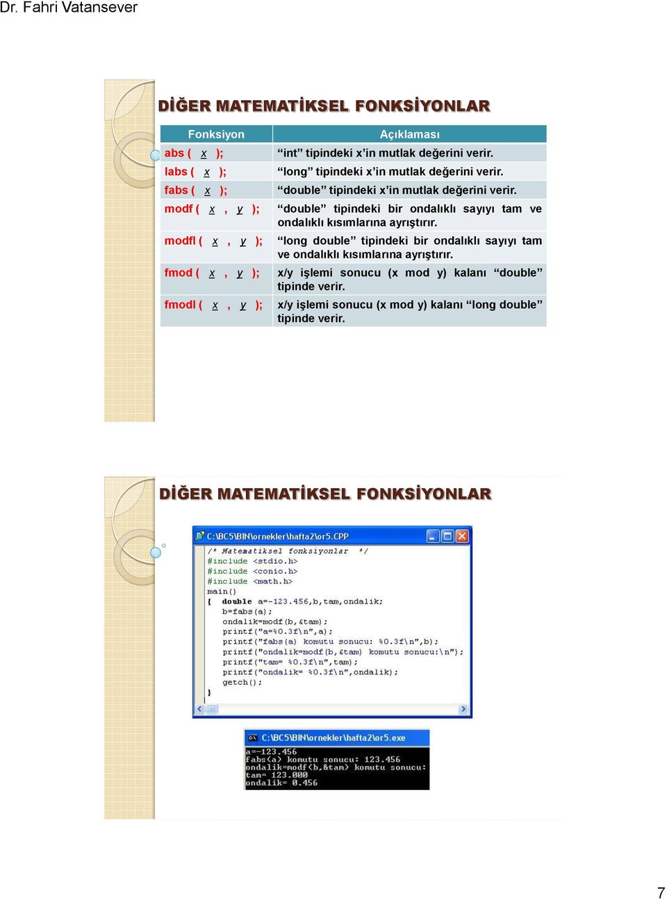 modf ( x, y ); double tipindeki bir ondalıklı sayıyı tam ve ondalıklı kısımlarına ayrıştırır.