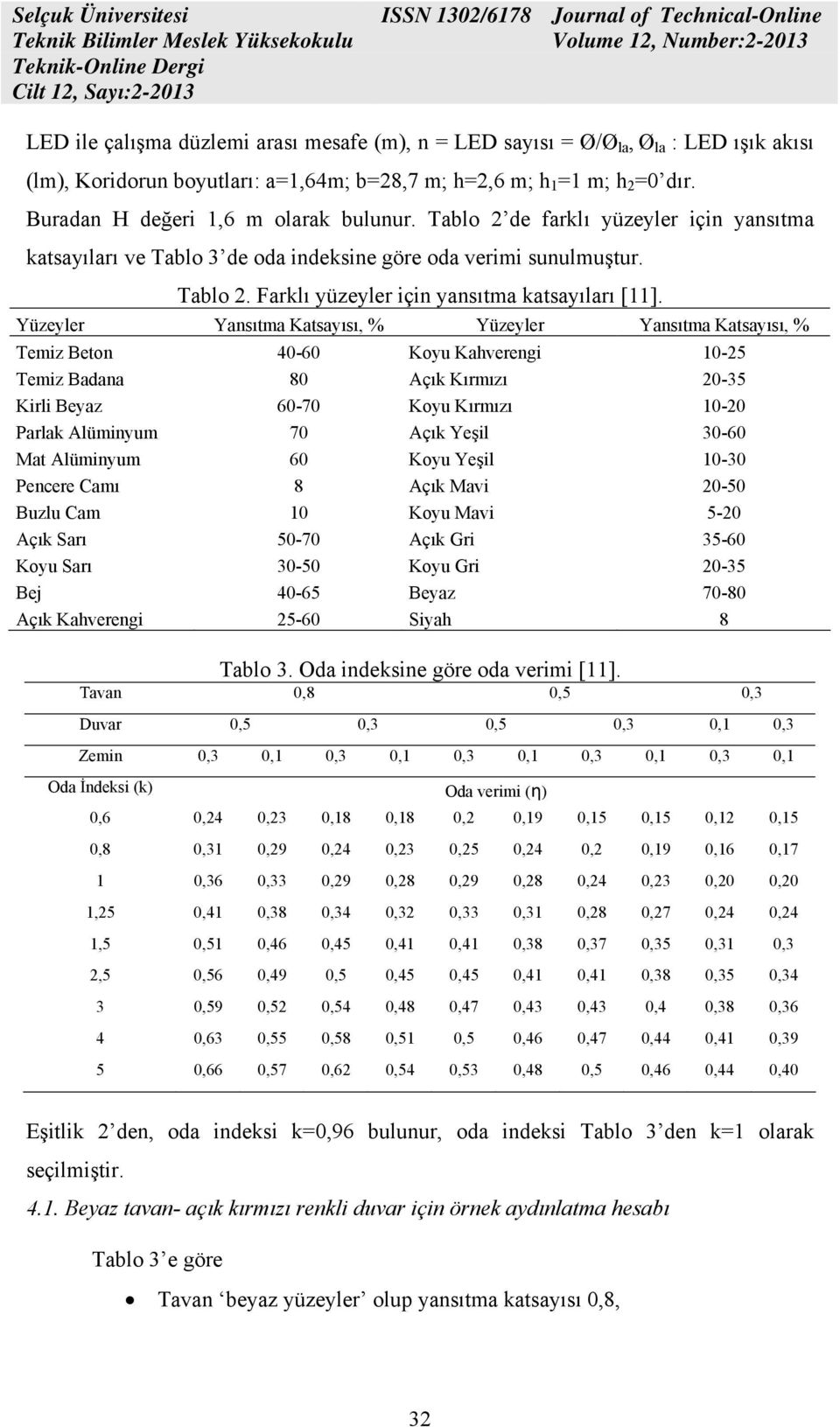 Yüzeyler Yansıtma Katsayısı, % Yüzeyler Yansıtma Katsayısı, % Temiz Beton 40-60 Koyu Kahverengi 10-25 Temiz Badana 80 Açık Kırmızı 20-35 Kirli Beyaz 60-70 Koyu Kırmızı 10-20 Parlak Alüminyum 70 Açık