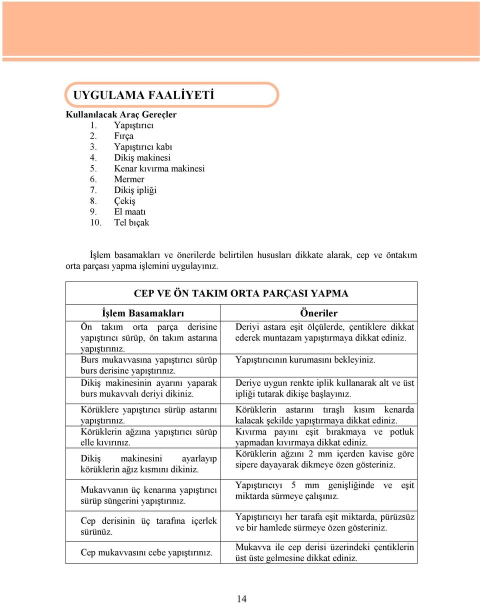 CEP VE ÖN TAKIM ORTA PARÇASI YAPMA İşlem Basamakları Ön takım orta parça derisine yapıştırıcı sürüp, ön takım astarına yapıştırınız. Burs mukavvasına yapıştırıcı sürüp burs derisine yapıştırınız.