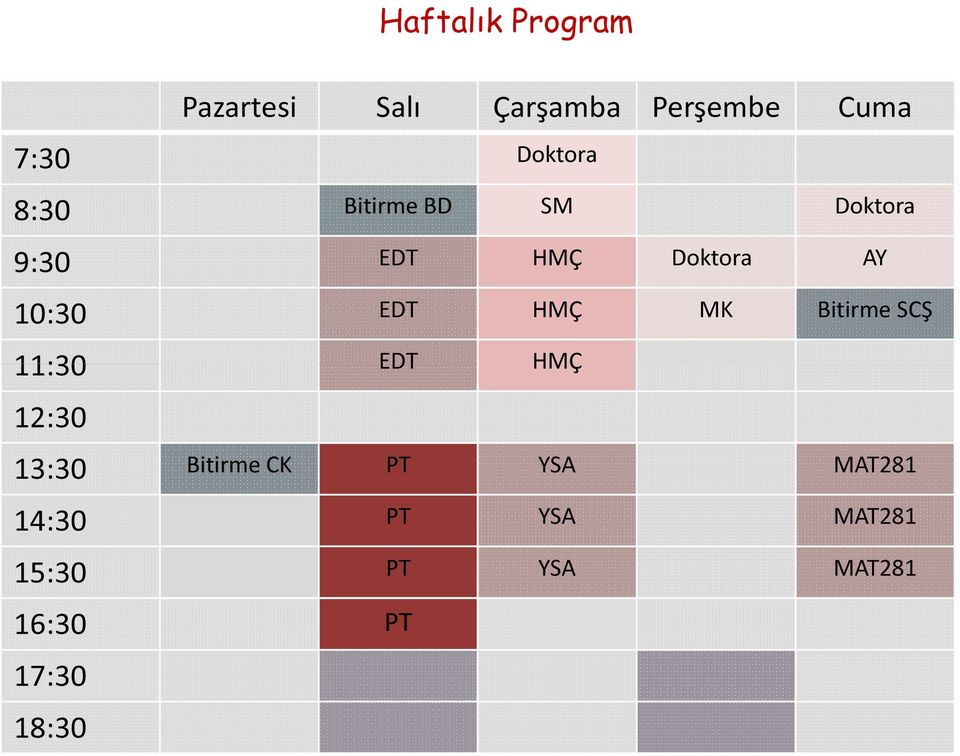 EDT HMÇ MK Bitirme SCŞ 11:30 EDT HMÇ 12:30 13:30 Bitirme CK PT