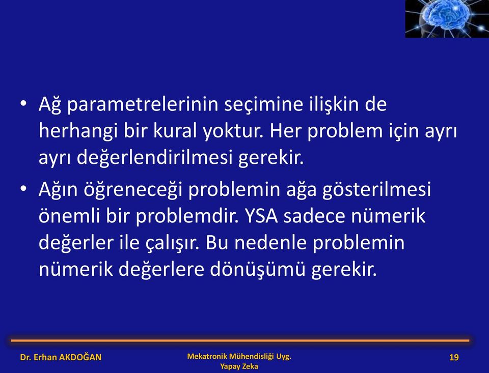 Ağın öğreneceği problemin ağa gösterilmesi önemli bir problemdir.