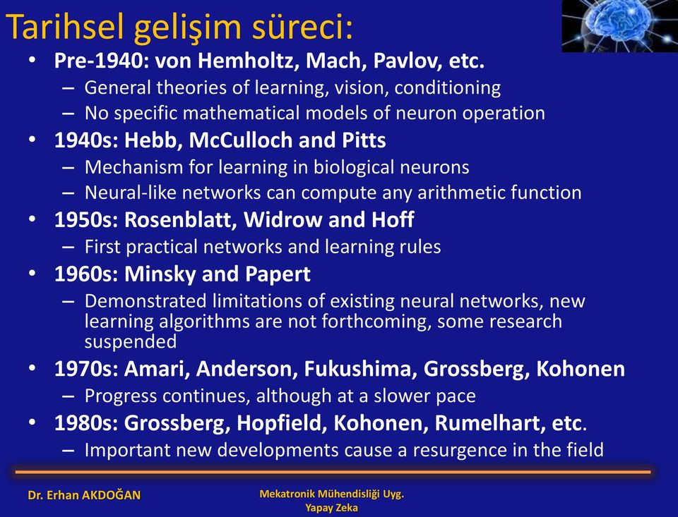 Neural-like networks can compute any arithmetic function 1950s: Rosenblatt, Widrow and Hoff First practical networks and learning rules 1960s: Minsky and Papert Demonstrated limitations