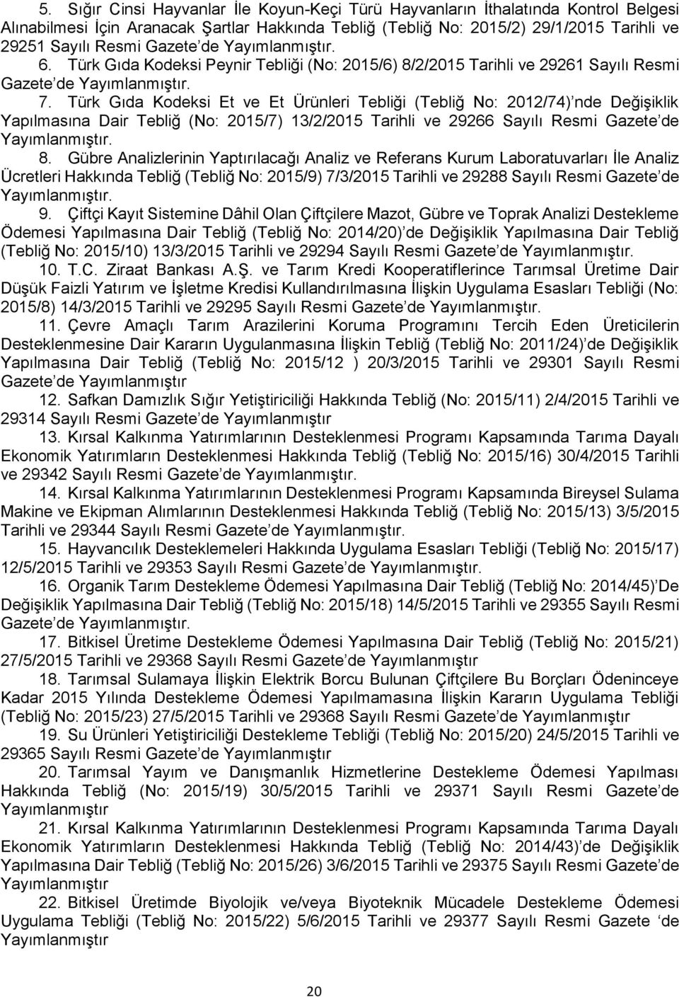 Türk Gıda Kodeksi Et ve Et Ürünleri Tebliği (Tebliğ No: 2012/74) nde Değişiklik Yapılmasına Dair Tebliğ (No: 2015/7) 13/2/2015 Tarihli ve 29266 Sayılı Resmi Gazete de Yayımlanmıştır. 8.
