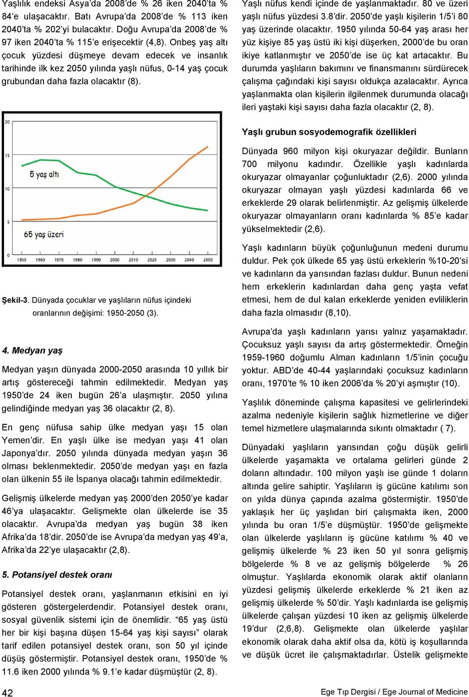 Onbeş yaş altı çocuk yüzdesi düşmeye devam edecek ve insanlık tarihinde ilk kez 2050 yılında yaşlı nüfus, 0-14 yaş çocuk grubundan daha fazla olacaktır (8). Yaşlı nüfus kendi içinde de yaşlanmaktadır.