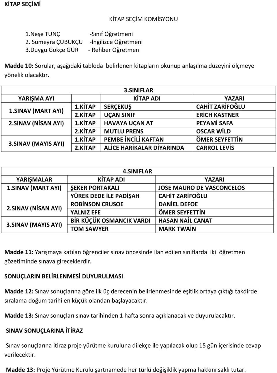 SINAV (MART AYI) 1.KİTAP SERÇEKUŞ CAHİT ZARİFOĞLU 2.KİTAP UÇAN SINIF ERİCH KASTNER 2.SINAV (NİSAN AYI) 1.KİTAP HAVAYA UÇAN AT PEYAMİ SAFA 2.KİTAP MUTLU PRENS OSCAR WİLD 3.SINAV (MAYIS AYI) 1.