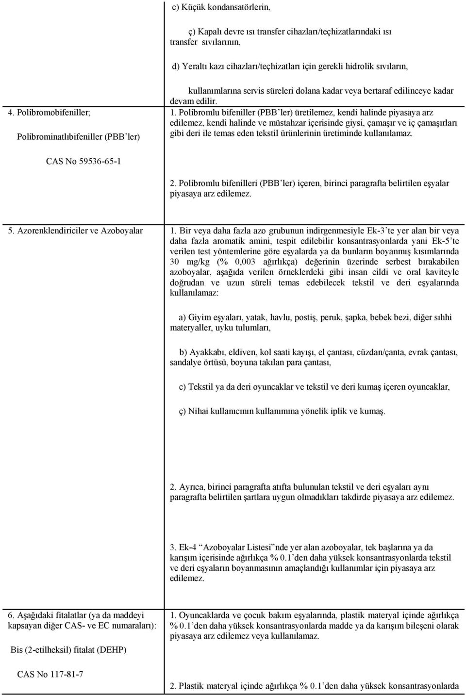 Polibromlu bifeniller (PBB ler) üretilemez, kendi halinde piyasaya arz edilemez, kendi halinde ve müstahzar içerisinde giysi, çamaşır ve iç çamaşırları gibi deri ile temas eden tekstil ürünlerinin