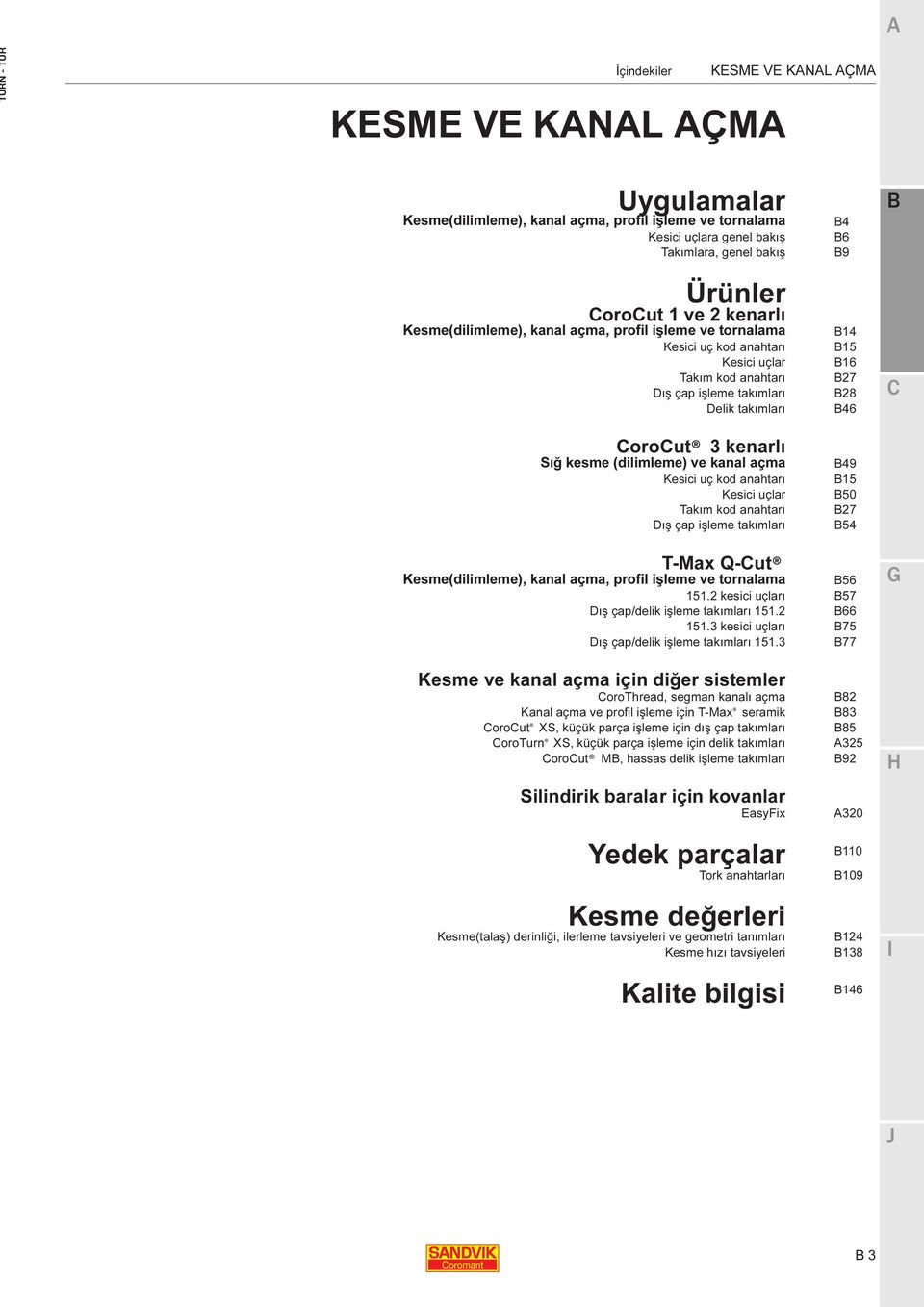 uçlar Takım kod anahtarı Dış çap işleme takımları 4 6 9 14 15 16 27 28 46 49 15 50 27 54 T-Max Q-ut Kesme(dilimleme), kanal açma, profil işleme ve tornalama 56 151.