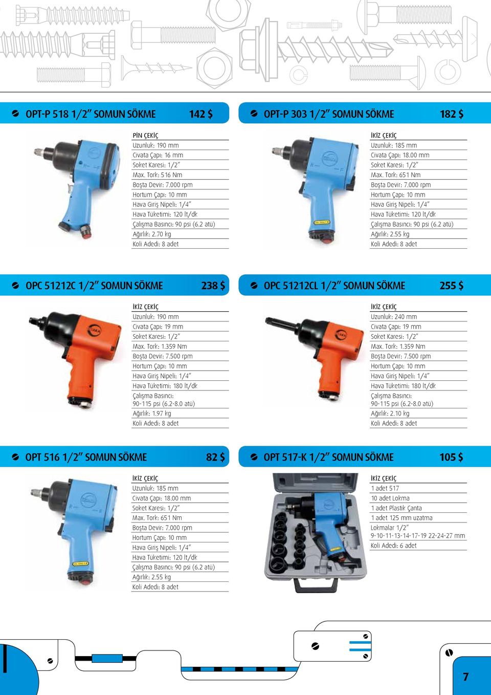 000 rpm Hortum Çapı: 10 mm Hava Tüketimi: 120 lt/dk Ağırlık: 2.