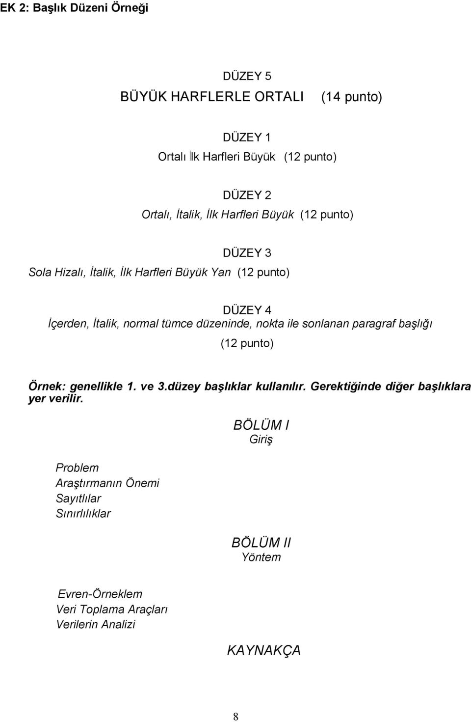 nokta ile sonlanan paragraf başlığı (12 punto) Örnek: genellikle 1. ve 3.düzey başlıklar kullanılır. Gerektiğinde diğer başlıklara yer verilir.