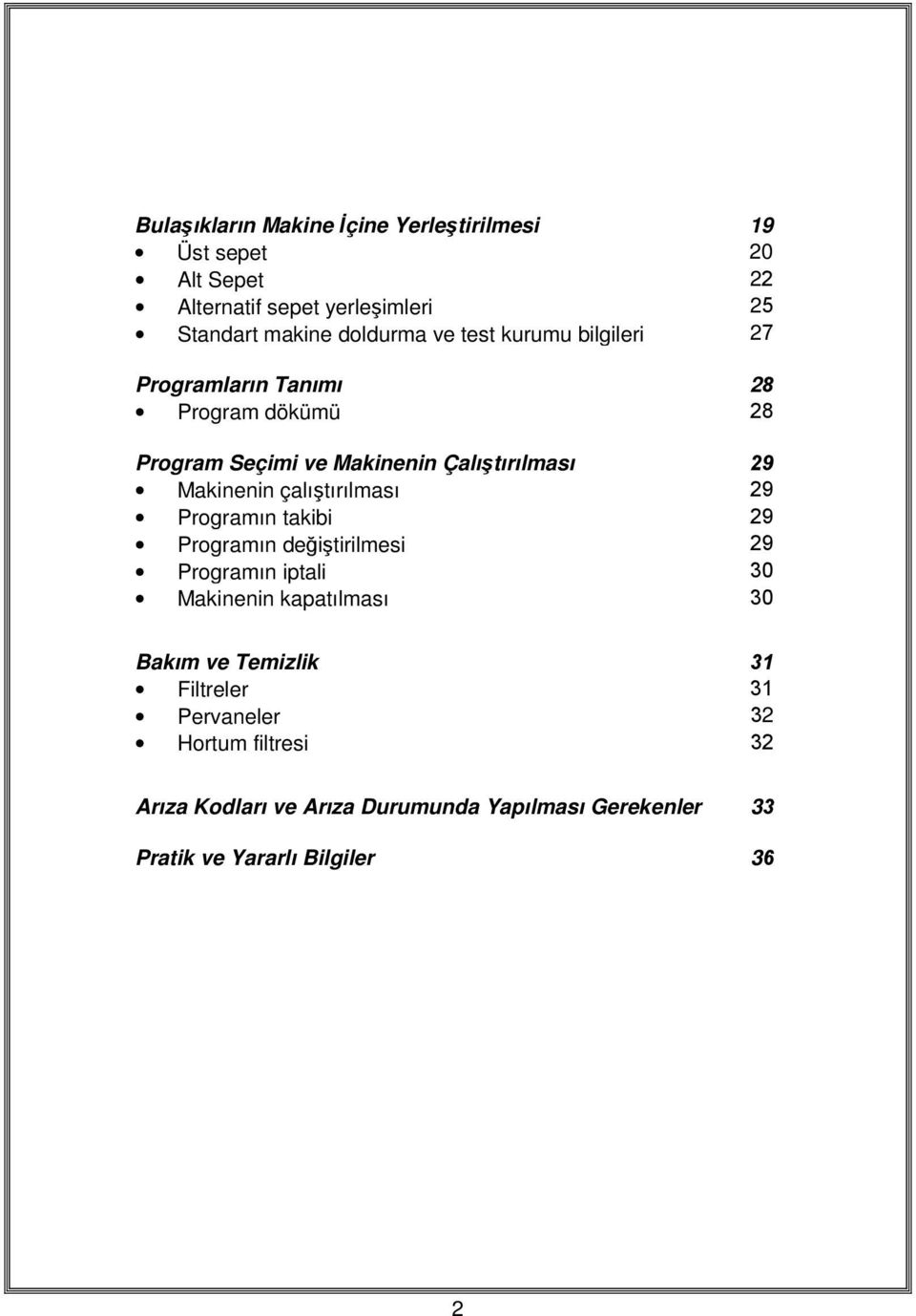 çalıştırılması 29 Programın takibi 29 Programın değiştirilmesi 29 Programın iptali 30 Makinenin kapatılması 30 Bakım ve Temizlik