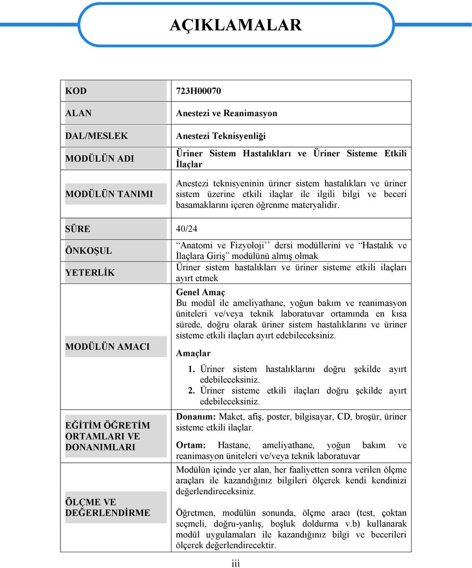 SÜRE 40/24 ÖNKOŞUL YETERLİK MODÜLÜN AMACI EĞİTİM ÖĞRETİM ORTAMLARI VE DONANIMLARI ÖLÇME VE DEĞERLENDİRME Anatomi ve Fizyoloji dersi modüllerini ve Hastalık ve İlaçlara Giriş modülünü almış olmak