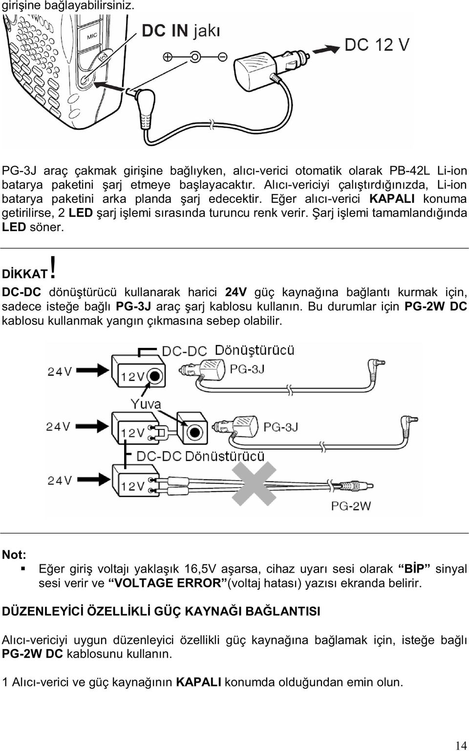 arj i lemi tamamland nda LED söner. D KKAT! DC-DC dönü türücü kullanarak harici 24V güç kayna na ba lant kurmak için, sadece iste e ba l PG-3J araç arj kablosu kullan n.