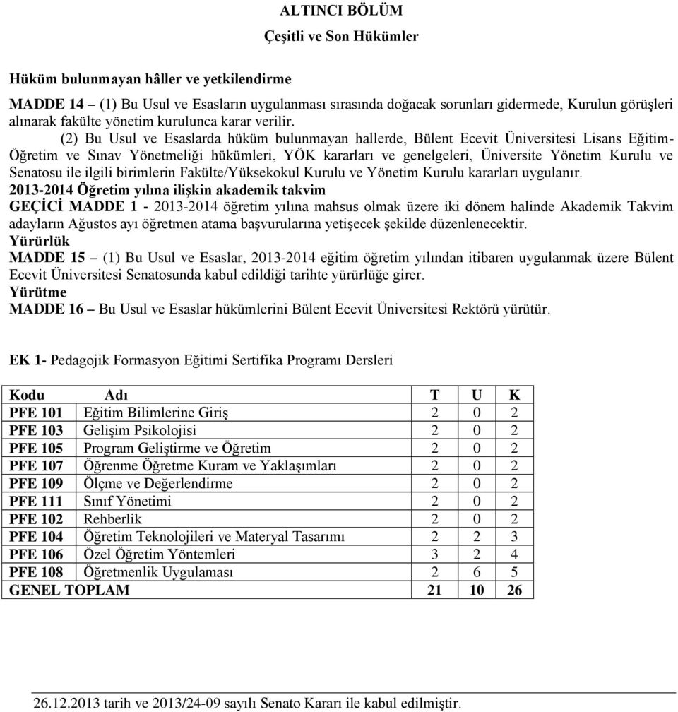 (2) Bu Usul ve Esaslarda hüküm bulunmayan hallerde, Bülent Ecevit Üniversitesi Lisans Eğitim- Öğretim ve Sınav Yönetmeliği hükümleri, YÖK kararları ve genelgeleri, Üniversite Yönetim Kurulu ve