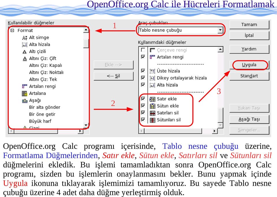 sil ve Sütunları sil düğmelerini ekledik. Bu işlemi tamamladıktan sonra OpenOffice.