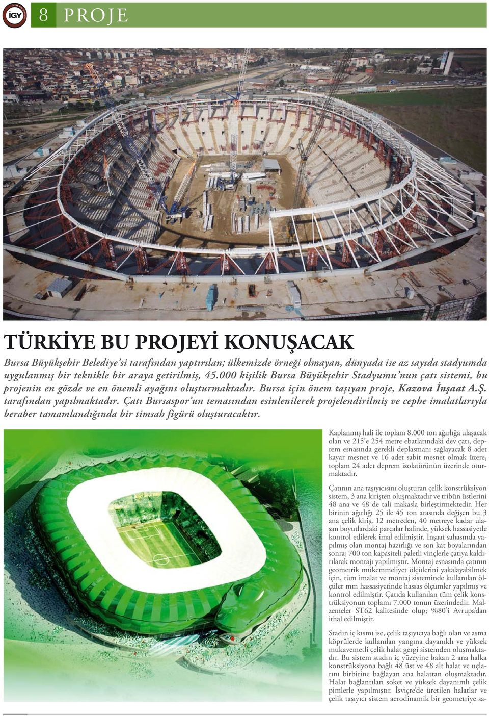 Çatı Bursaspor un temasından esinlenilerek projelendirilmiş ve cephe imalatlarıyla beraber tamamlandığında bir timsah figürü oluşturacaktır. Kaplanmış hali ile toplam 8.