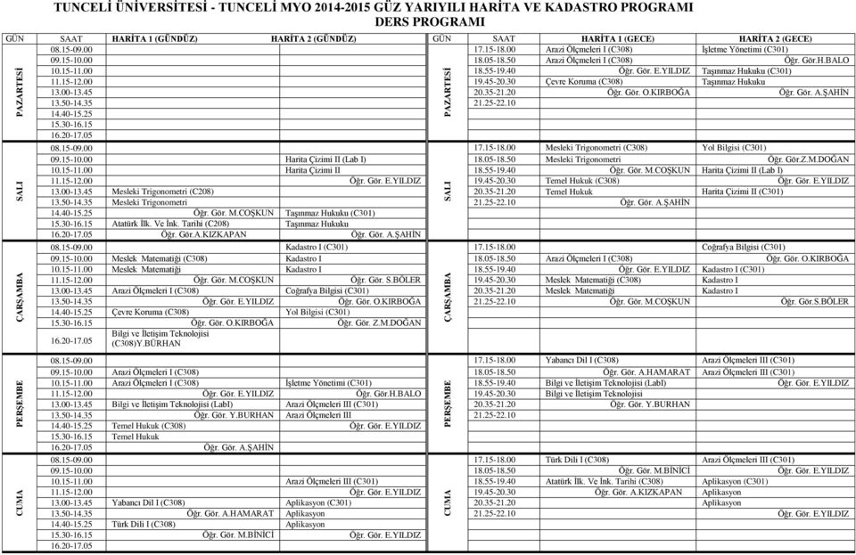 30 Çevre Koruma (C308) Taşınmaz Hukuku 13.00-13.45 20.35-21.20 Öğr. Gör. O.KIRBOĞA Öğr. Gör. A.ŞAHİN 13.50-14.35 21.25-22.10 Mesleki Trigonometri (C308) Yol Bilgisi (C301) 09.15-10.