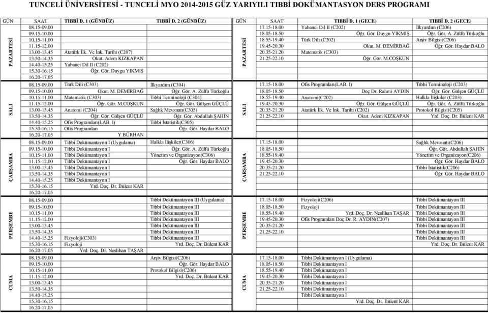 DEMİRBAĞ Öğr. Gör. Haydar BALO 13.00-13.45 Atatürk İlk. Ve İnk. Tarihi (C207) 20.35-21.20 Matematik (C303) 13.50-14.35 Okut. Adem KIZKAPAN 21.25-22.10 Öğr. Gör. M.COŞKUN Yabanci Dil II (C202) Öğr.