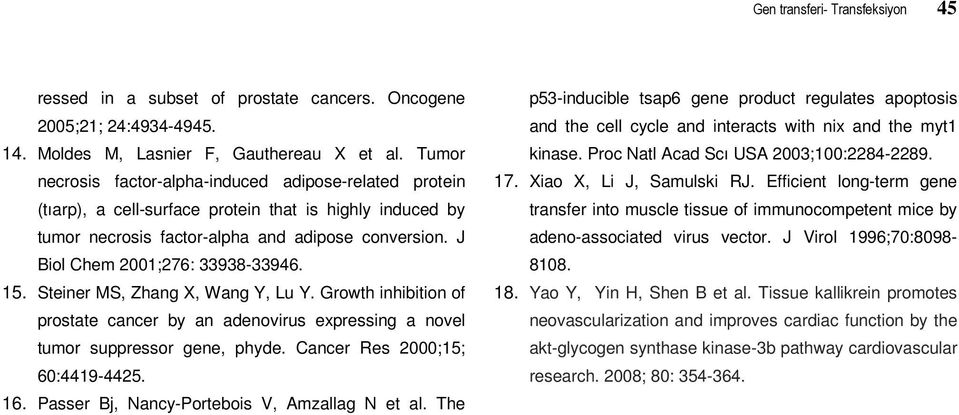 J Biol Chem 2001;276: 33938-33946. 15. Steiner MS, Zhang X, Wang Y, Lu Y. Growth inhibition of prostate cancer by an adenovirus expressing a novel tumor suppressor gene, phyde.