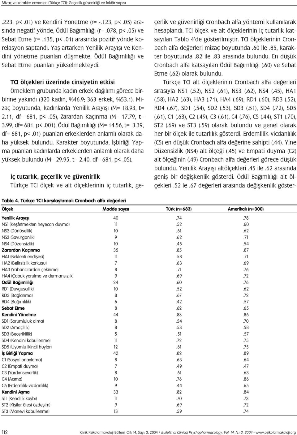 TCI ölçekleri üzerinde cinsiyetin etkisi Örneklem grubunda kad n erkek da l m görece birbirine yak nd (320 kad n, %46.9; 363 erkek, %53.1). Mizaç boyutunda, kad nlarda Yenilik Aray fl (M= 18.93, t= 2.