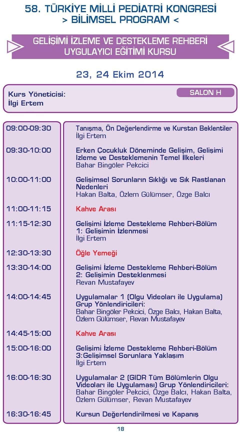 Gülümser, Özge Balcı 11:00-11:15 Kahve Arası 11:15-12:30 Gelişimi İzleme Destekleme Rehberi-Bölüm 1: Gelişimin İzlenmesi İlgi Ertem 12:30-13:30 Öğle Yemeği 13:30-14:00 Gelişimi İzleme Destekleme