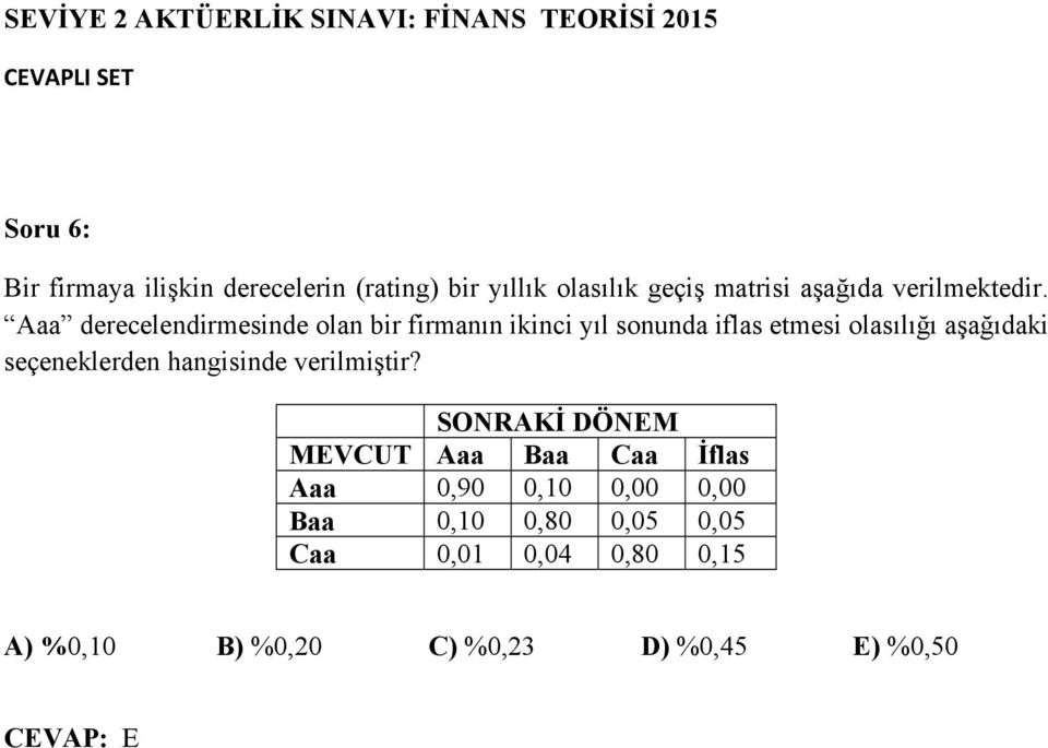 Aaa derecelendirmesinde olan bir firmanın ikinci yıl sonunda iflas etmesi olasılığı aşağıdaki