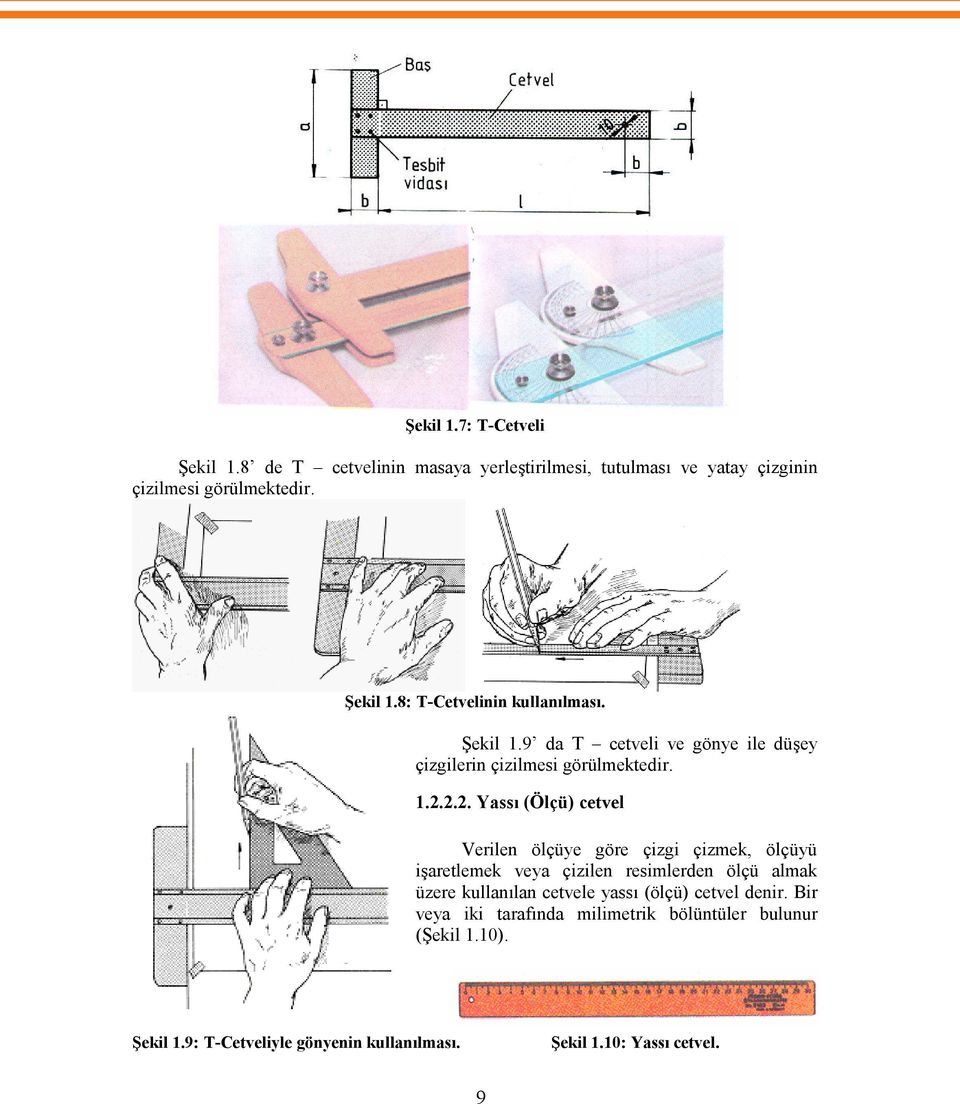 2.2. Yassı (Ölçü) cetvel Verilen ölçüye göre çizgi çizmek, ölçüyü işaretlemek veya çizilen resimlerden ölçü almak üzere kullanılan
