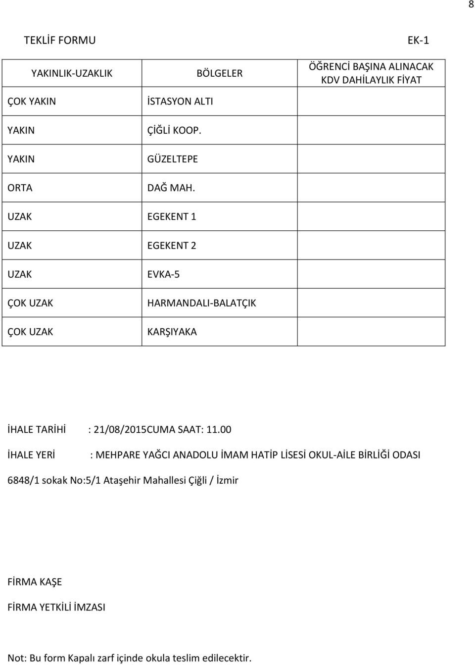 HARMANDALI-BALATÇIK KARŞIYAKA İHALE TARİHİ : 21/08/2015CUMA SAAT: 11.