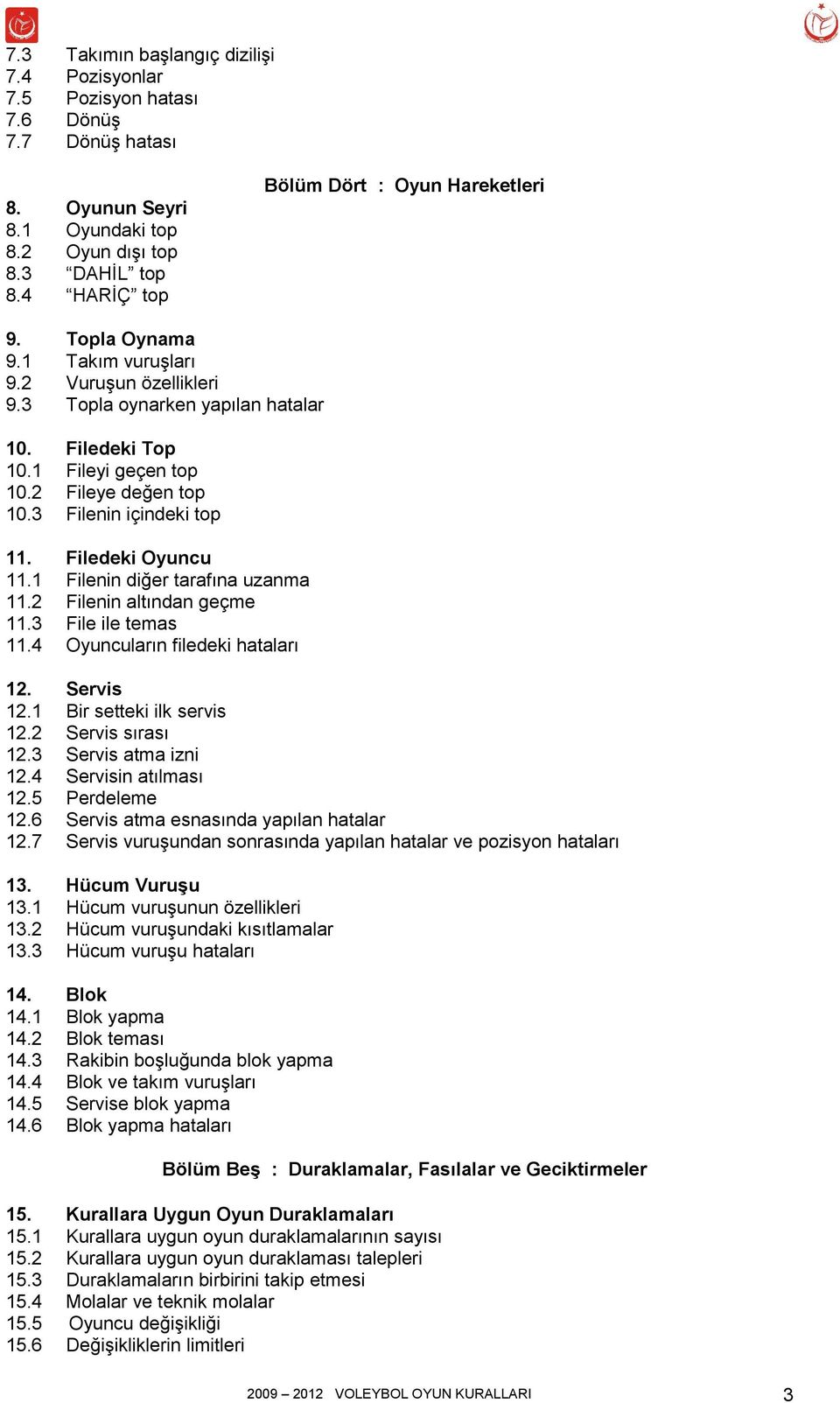 2 Fileye değen top 10.3 Filenin içindeki top 11. Filedeki Oyuncu 11.1 Filenin diğer tarafına uzanma 11.2 Filenin altından geçme 11.3 File ile temas 11.4 Oyuncuların filedeki hataları 12. Servis 12.