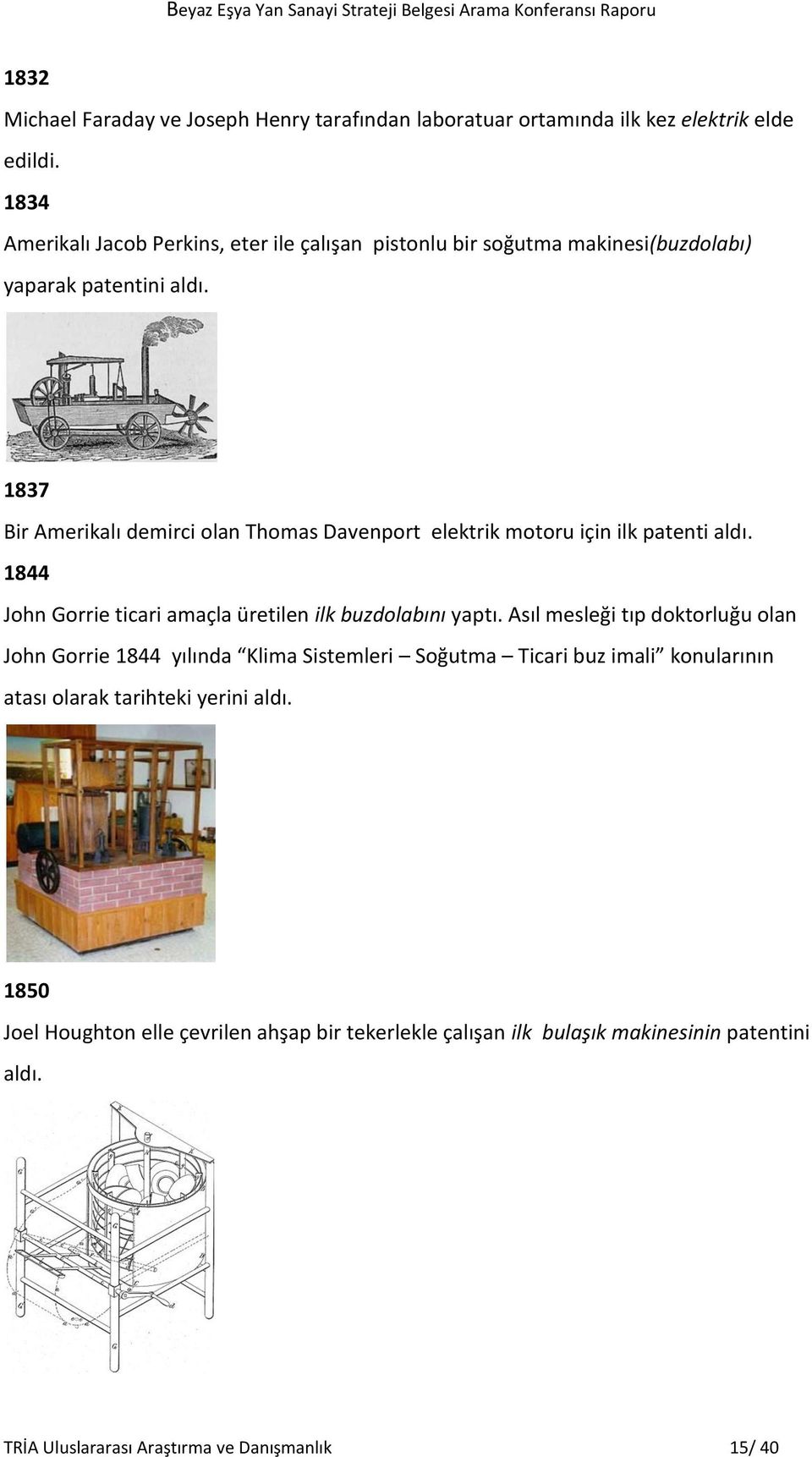 1837 Bir Amerikalı demirci olan Thomas Davenport elektrik motoru için ilk patenti aldı. 1844 John Gorrie ticari amaçla üretilen ilk buzdolabını yaptı.